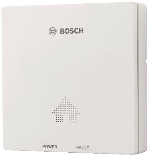 Weißes Bosch-Gerät zur Hausüberwachung mit zwei Lichtern für 'Power' und 'Fault' und einem dezenten Haussymbol in der Mitte.