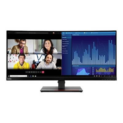 Ein Computermonitor zeigt eine Videokonferenz mit vier Personen links und ein Dashboard mit blauen Diagrammen rechts.