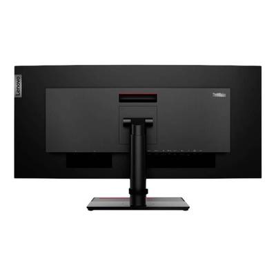 Rückansicht eines Lenovo-Computerbildschirms mit schwarzem Gehäuse. Der Bildschirm steht auf einem rechteckigen Standfuß.