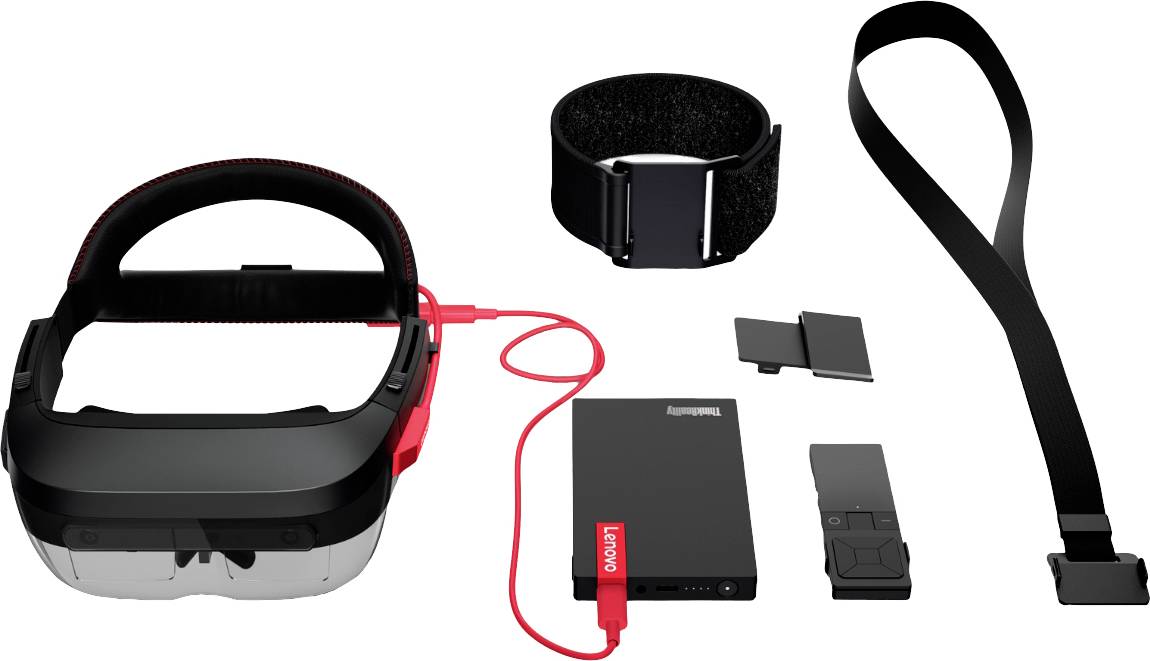 VR-Headset mit Kabel, Netzteil, Kopfbügel und zwei schwarzen Verlängerungsbändern von Lenovo dargestellt auf weißem Hintergrund.