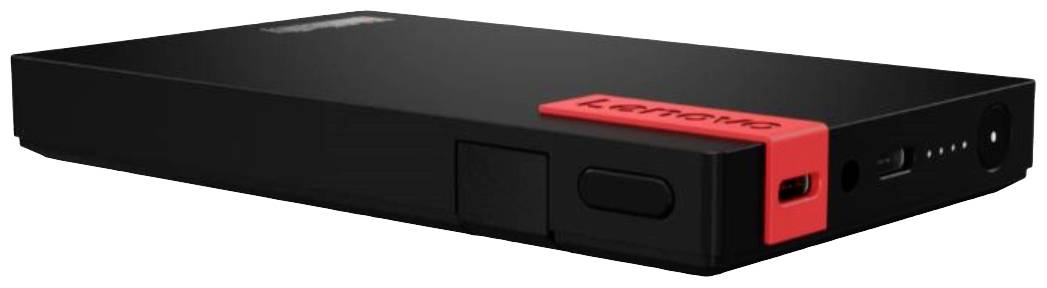Ein schwarzer Lenovo Mini-PC mit rotem Akzent, USB-Anschlüssen und einem Schalter. Kompakte Bauweise, geeignet für mobile Computeranwendungen.