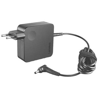 Ein schwarzes Laptop-Ladegerät mit einem Eurostecker und einem langen Kabel mit kleinem, abgewinkeltem Stecker aufgerollt.