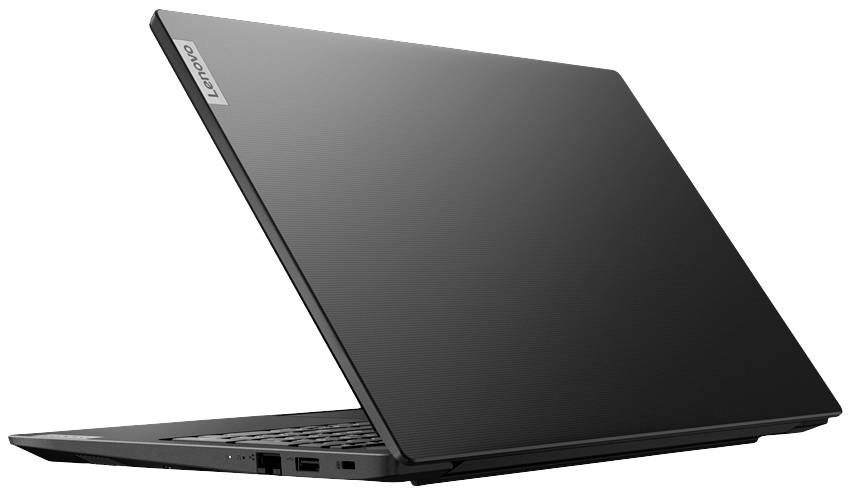 Schwarzer Laptop von Lenovo, geöffnet, von der Seite gesehen. Logo auf der oberen Ecke des Bildschirmdeckels.