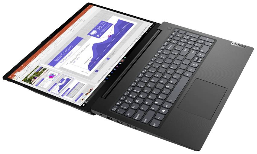 Ein Laptop mit geöffnetem Bildschirm zeigt eine Präsentation mit Diagramm und Bildern. Schwarze Tastatur und Touchpad sind sichtbar.