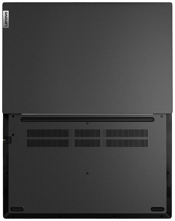 Rückansicht eines geschlossenen Laptops mit Belüftungsschlitzen und Scharnier. Oben links ist das Lenovo-Logo sichtbar.