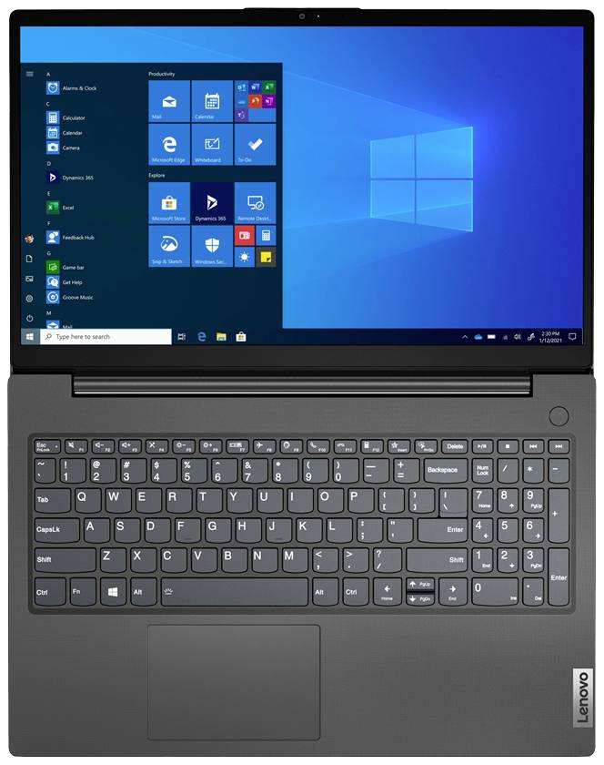 Ein Laptop mit geöffneter Windows-Oberfläche auf dem Bildschirm. Die Tastatur ist sichtbar mit einem Touchpad darunter.