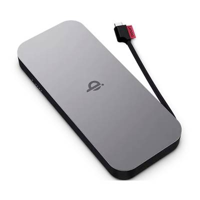 Drahtlose Ladepad mit rechteckigem Design, Qi-Logo auf der Oberseite, angeschlossen an ein schwarzes Kabel mit rotem Lenovo-Label.