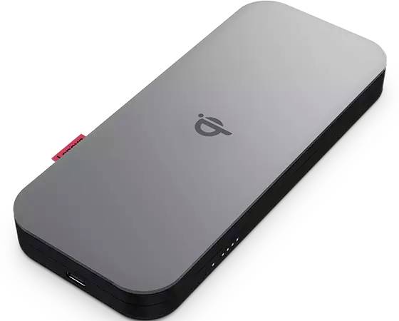 Ein dunkles, rechteckiges Gerät mit abgerundeten Ecken und einem Logo in der Mitte, möglicherweise eine Dockingstation oder ein Ladegerät.