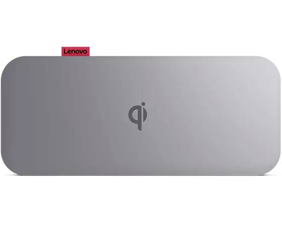 Drahtlose Ladegerät mit Lenovo-Logo, graues Gehäuse, Symbol für kabelloses Laden in der Mitte.