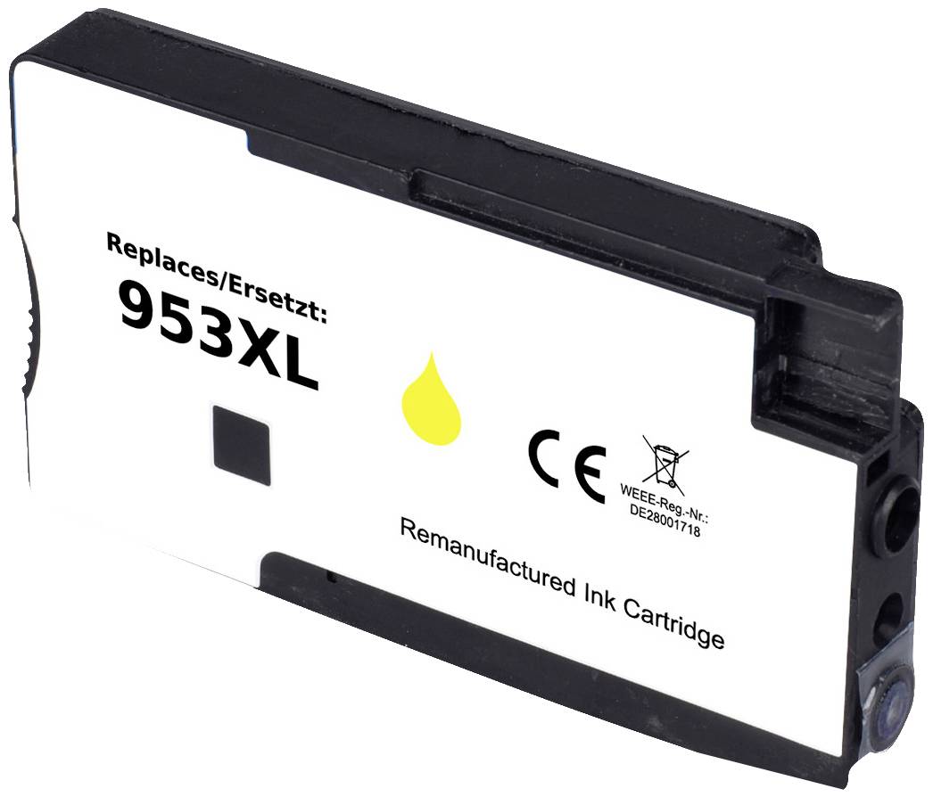 Schwarze Tintenpatrone '953XL', ersetzt Original, mit gelbem Tropfensymbol, CE-Kennzeichnung und Recyclinghinweis.