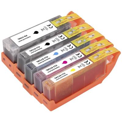 Vier Tintenpatronen in verschiedenen Farben (schwarz, cyan, magenta, gelb) in einem Halter.