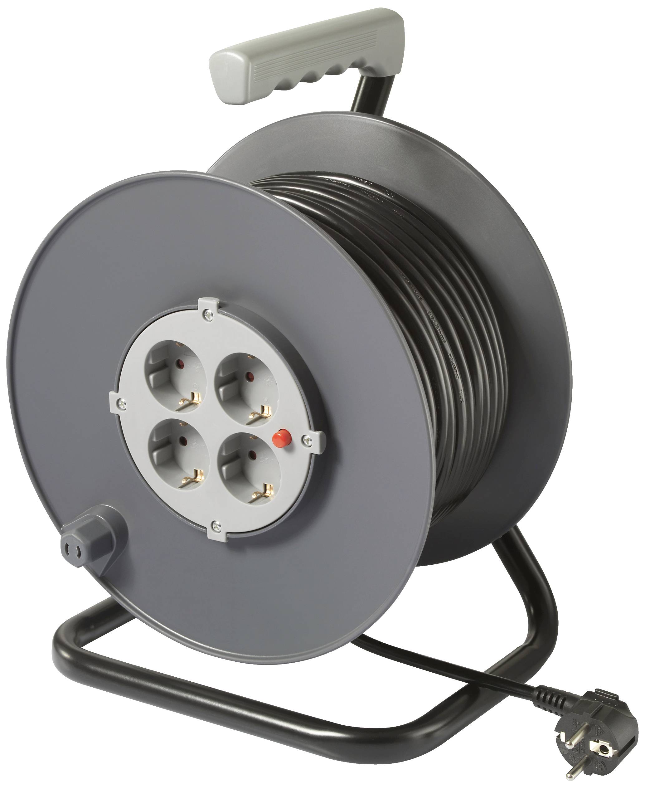 Grau-schwarzes Kabeltrommel mit vier Steckdosen und Tragegriff. Ideal für vielfältige Verkabelungsbedarfe bei mobilen Anwendungen.