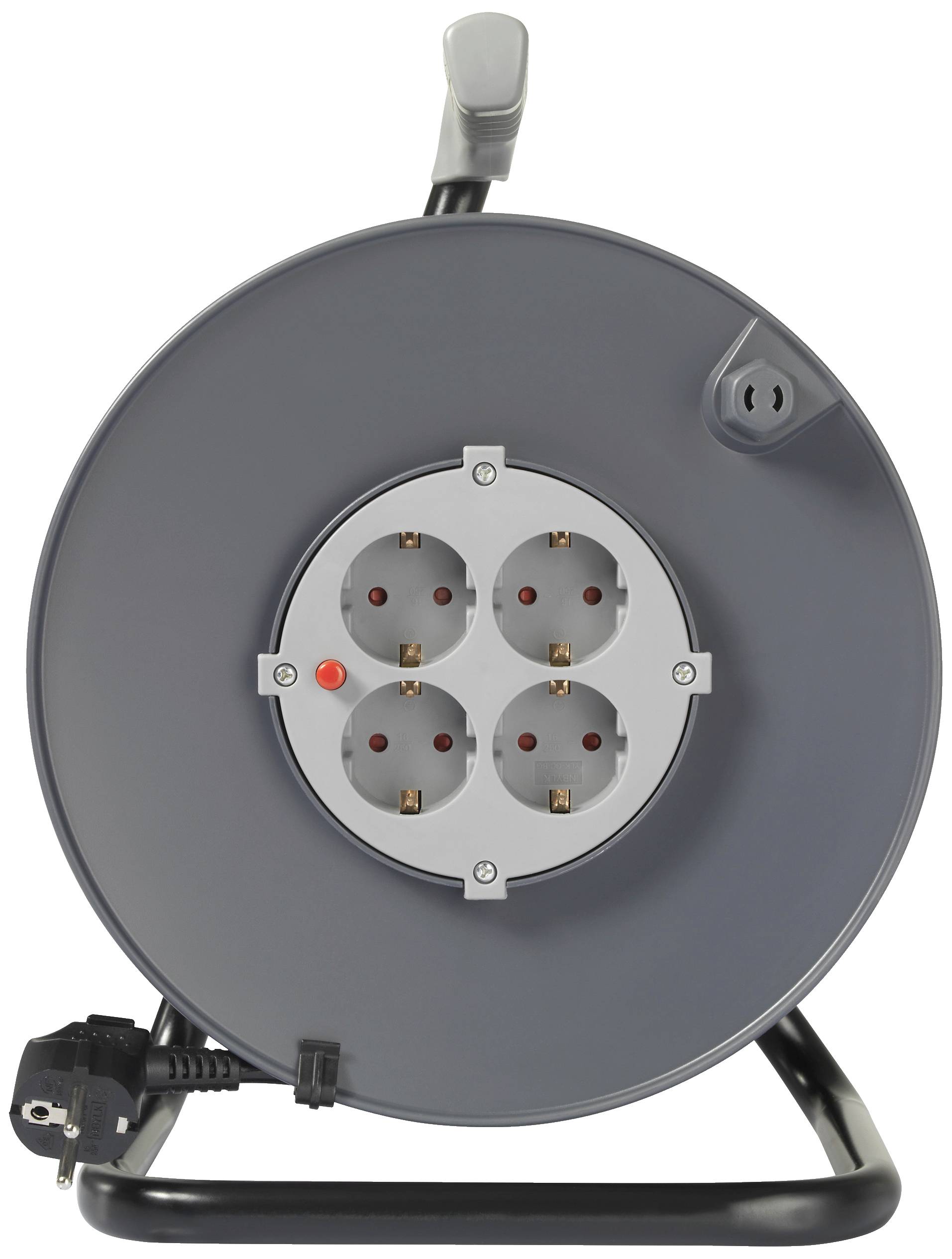 Elektrische Kabeltrommel mit vier Steckdosen, schwarz-grau. Sie steht auf einem Metallrahmen und hat einen Tragegriff oben.