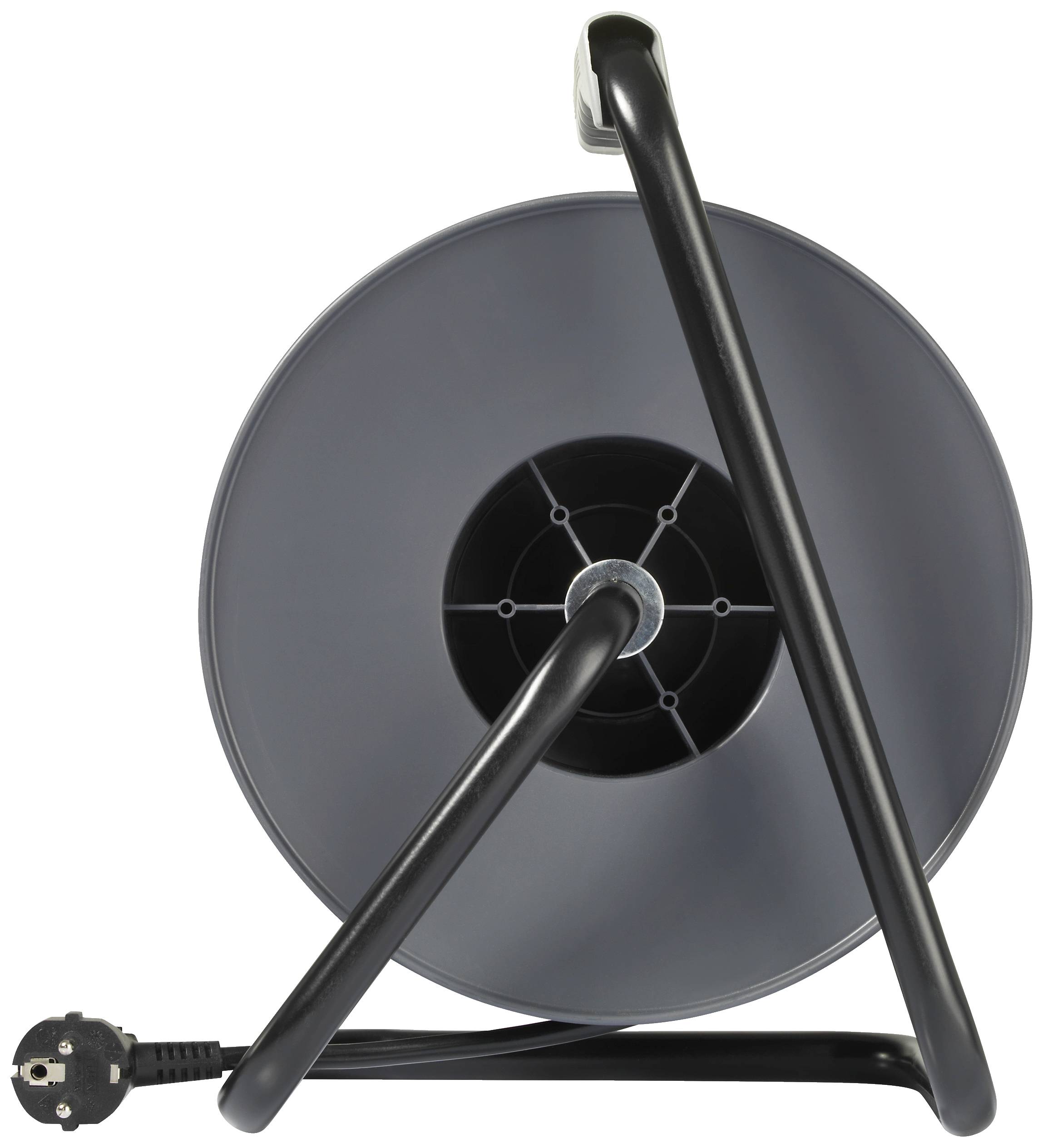 Ein leerer Kabeltrommelhalter mit Griff, Ansicht von vorne. Der Halter hat eine schwarze Umrahmung und einen grauen Zylinder.