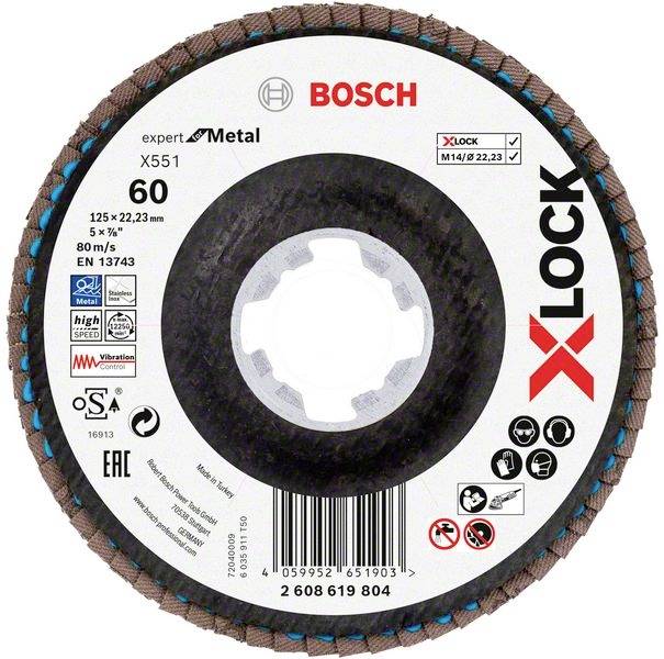 Fächerscheibe von Bosch mit X-LOCK-System, geeignet für Metallschleifarbeiten, Körnung 60, 125 mm Durchmesser, 80 m/s maximale Geschwindigkeit.