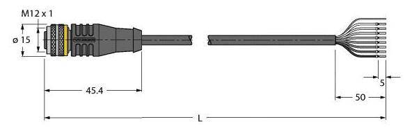 Technische Zeichnung eines mehradrigen M12 Steckers mit Maßangaben: Durchmesser 15mm, Länge 45,4mm, Gesamtlänge 'L', Drahtlänge 50mm.