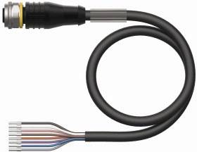 Ein Kabel mit einem zylindrischen Stecker und mehreren bunten Adern am anderen Ende.