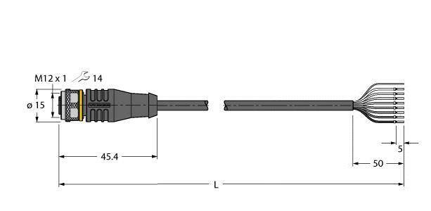 Steckerdiagramm: M12-Stecker mit Maßen, Lötdrahtverbindungen, Außendurchmesser 15 mm, Gesamtlänge mit Kabel 50 mm.