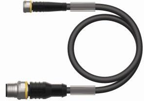 Ein schwarzes Kabel mit zwei Steckverbindern, einer an jedem Ende. Einer der Stecker hat einen gelben Ring nahe der Verbindung.