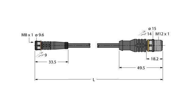 Technische Zeichnung von Steckverbindern mit M8 und M12 Gewinde, zeigt Maße: 33,5 mm, 49,5 mm Längen, 9,6 mm und 15 mm Durchmesser.