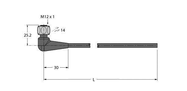 Technische Zeichnung eines Bauteils: Seitenansicht zeigt Maße M12 x 1, 25,2 und 30, mit Hinweis auf ein Gewinde und Länge L.