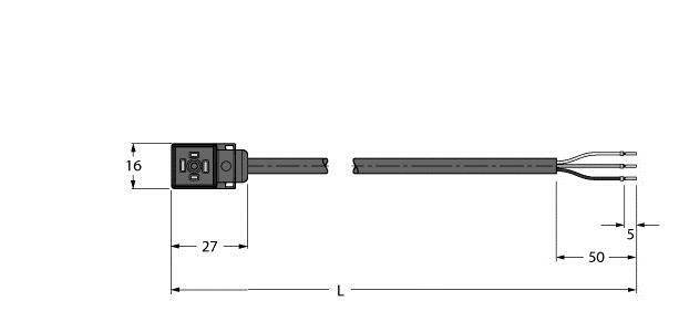 Technische Zeichnung eines elektrischen Kabels mit Steckverbinder, Seitenansicht und Maße: 16x27mm Kopf, 50mm Endstück.