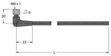 Technische Zeichnung eines Rohrendes mit M8 x 1 Gewinde, Höhe 20, Breite 23, Länge 'L'. Zeigt Schnitt- und Seitenansicht.