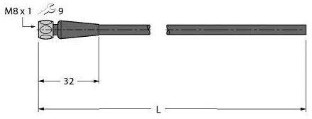 Diagramm von einem Steckschlüssel mit den Maßen: M8 x 1, Länge 32 mm, Schlüsselweite 9 mm, Gesamtlänge 'L'.