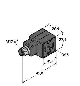 Eine technische Zeichnung eines rechteckigen Steckers mit Markierungen: M12 x 1 Gewinde und verschiedenen Abmessungen in mm (26,9, 27,4, 26,5, 49,8).
