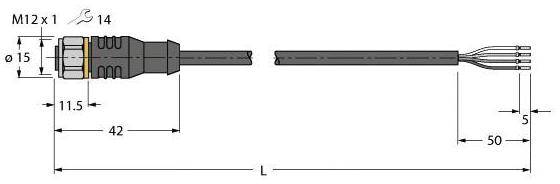 Diagramm eines M12-Steckers mit Maßen: Gesamtlänge L, Steckerlänge 42 mm, Kabeldurchmesser 5 mm, Pin-Layout mit vier Anschlüssen.