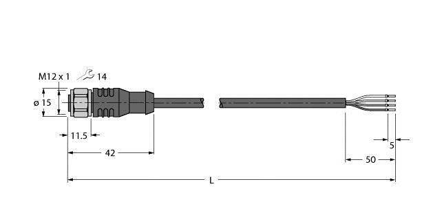 Technische Zeichnung eines Steckers mit Kabel, M12 x 1, Durchmesser 15 mm, Gesamtlänge 107 mm, mit Abmessungen der einzelnen Segmente.
