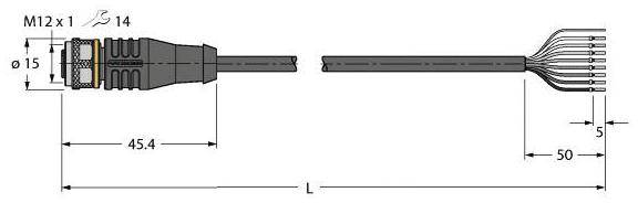 Diagramm zeigt ein Kabel mit M12-Stecker, Länge von 45,4 mm. Verbindet mehrere Drahtenden, Abstand 5 mm. Axialbeschriftung mit Maßen.
