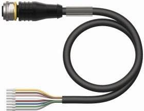 Ein schwarzes Kabel mit einem Steckverbinder auf der einen Seite und mehreren farbigen Drähten auf der anderen Seite.