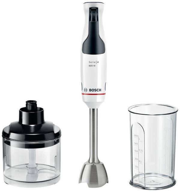 Bosch Haushalt MSM4W220 Stabmixer 600 W mit Mixbecher, mit Messbecher, mit Zerkleinereraufsatz, BPA-frei Weiß, Grau