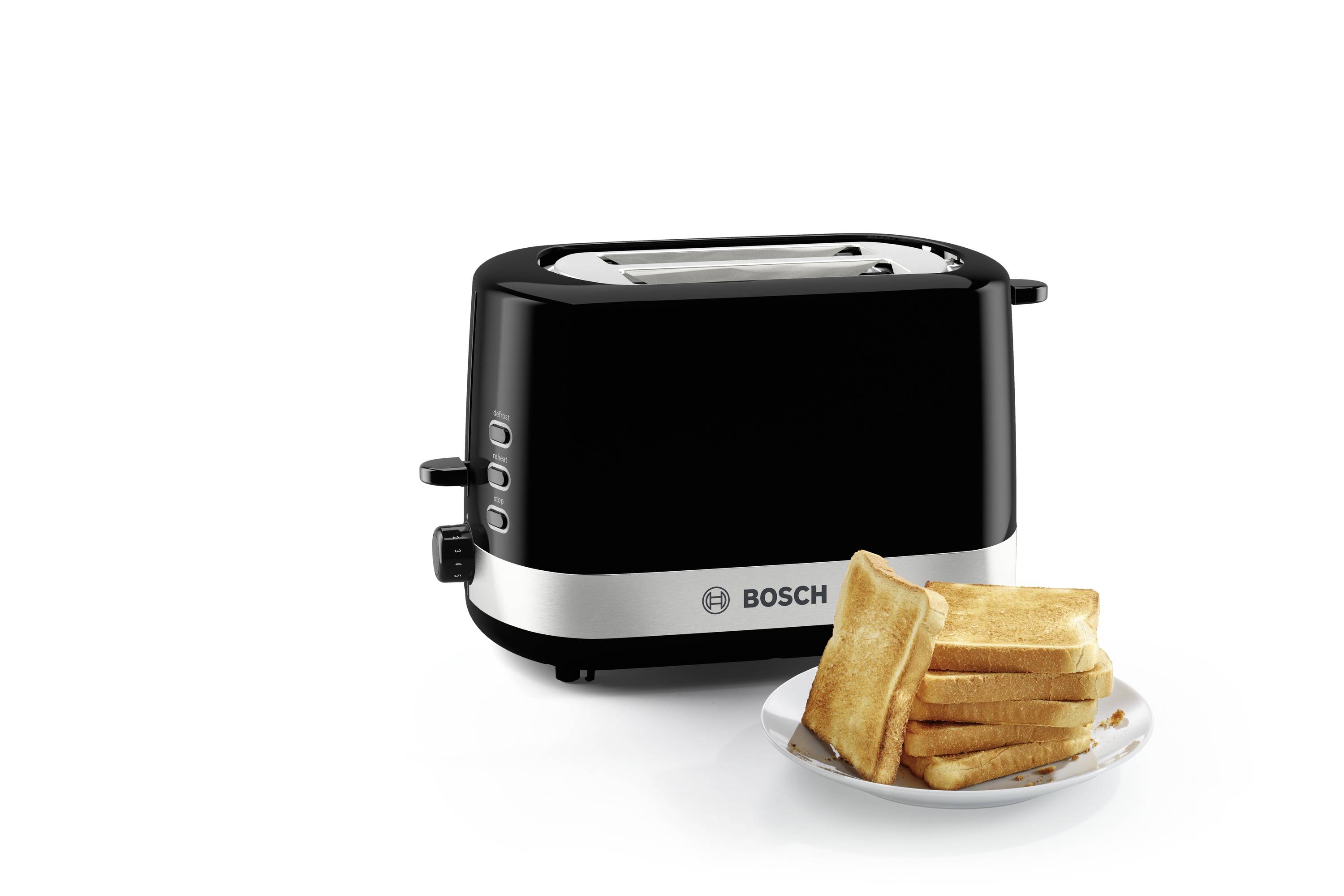 Schwarzer Toaster mit silbernem Streifen, Marke Bosch, auf weißem Hintergrund. Daneben ein Teller mit mehreren Scheiben Toast.