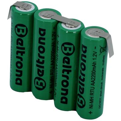 Vier grüne Batterien mit der Aufschrift 'Beltrona', Typ AA, 1.2V. Sie haben Metallkontakte für das Verbinden in einem Gerät.