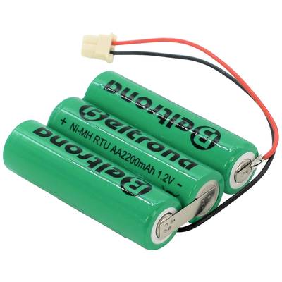 Drei grüne, zylindrische AA-NiMH-Batterien mit 2200mAh und 1,2V, verbunden durch Kabel mit einem weißen Stecker.