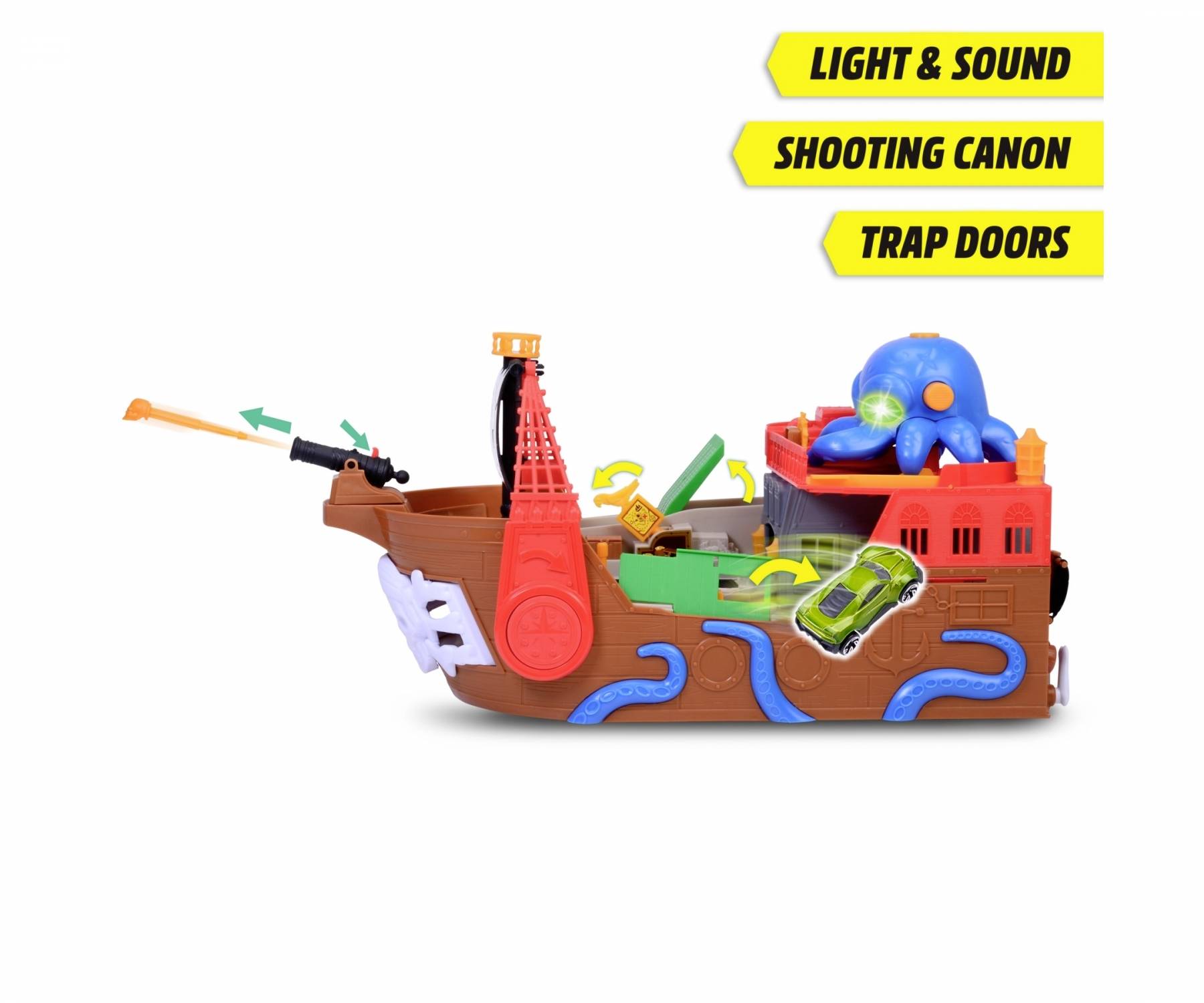 Spielzeugpiratenschiff mit Kanone und Oktopus, Funktionen: Licht, Ton, Falltüren. Drei gelbe Infoetiketten oben rechts.