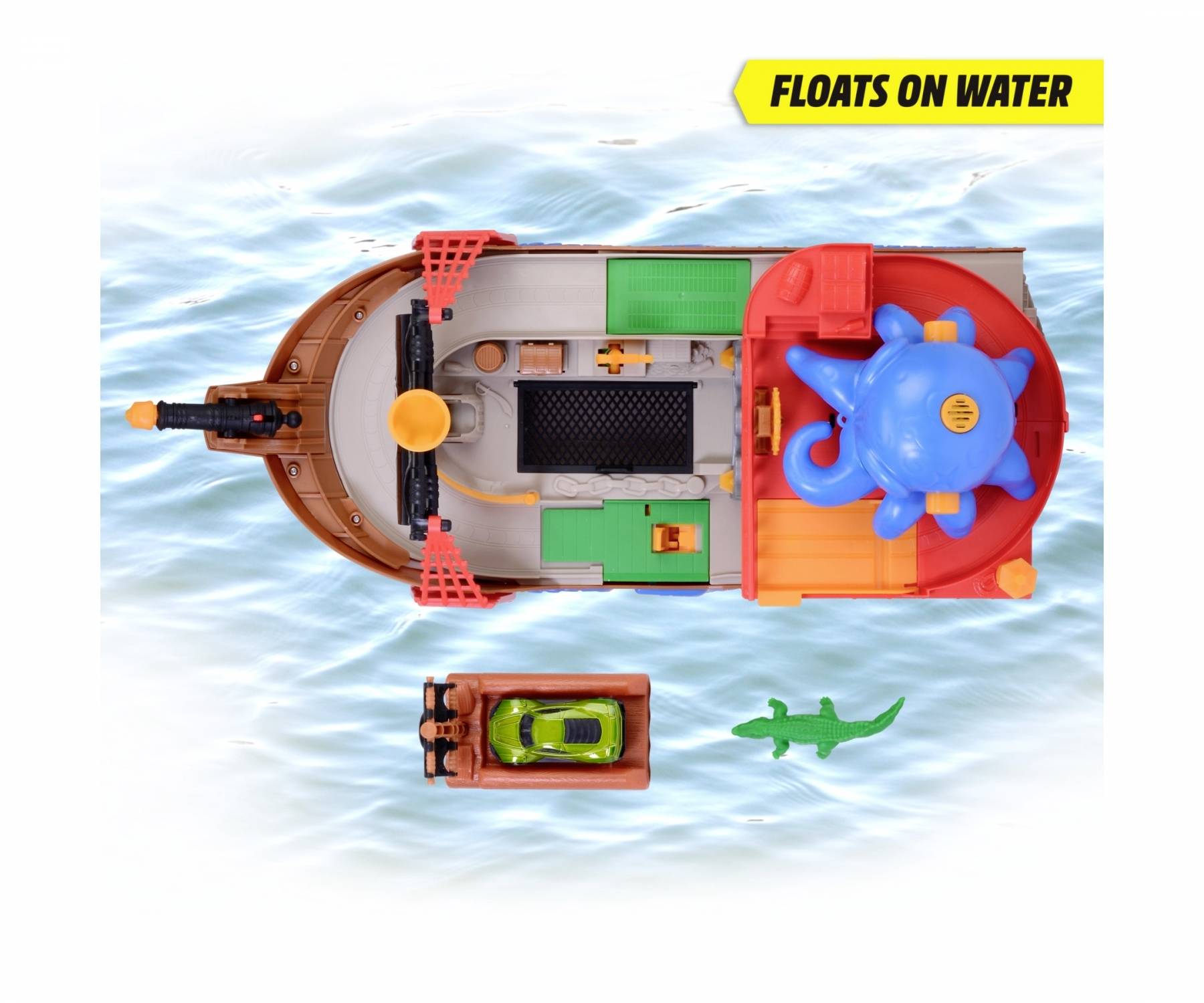 Spielzeugboot mit verschiedenen bunten Elementen und einem kleinen Auto. Darunter ist ein grünes Krokodilspielzeug zu sehen. Text: 'FLOATS ON WATER'.