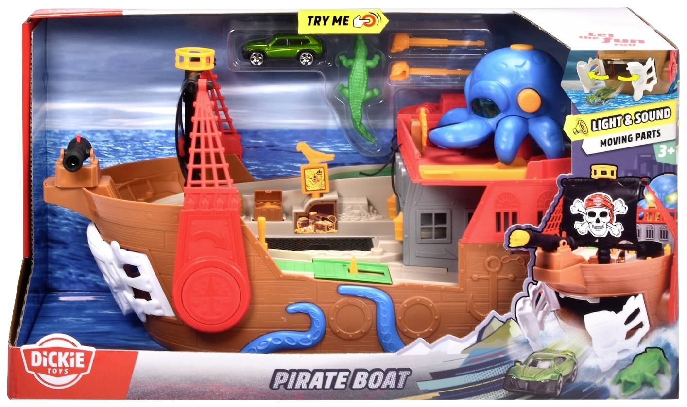 Spielzeugpiratenschiff mit beweglichen Teilen. Enthält einen blauen Kraken, Piratenflagge und ein kleines Fahrzeug. Geräusche und Lichter inklusive.