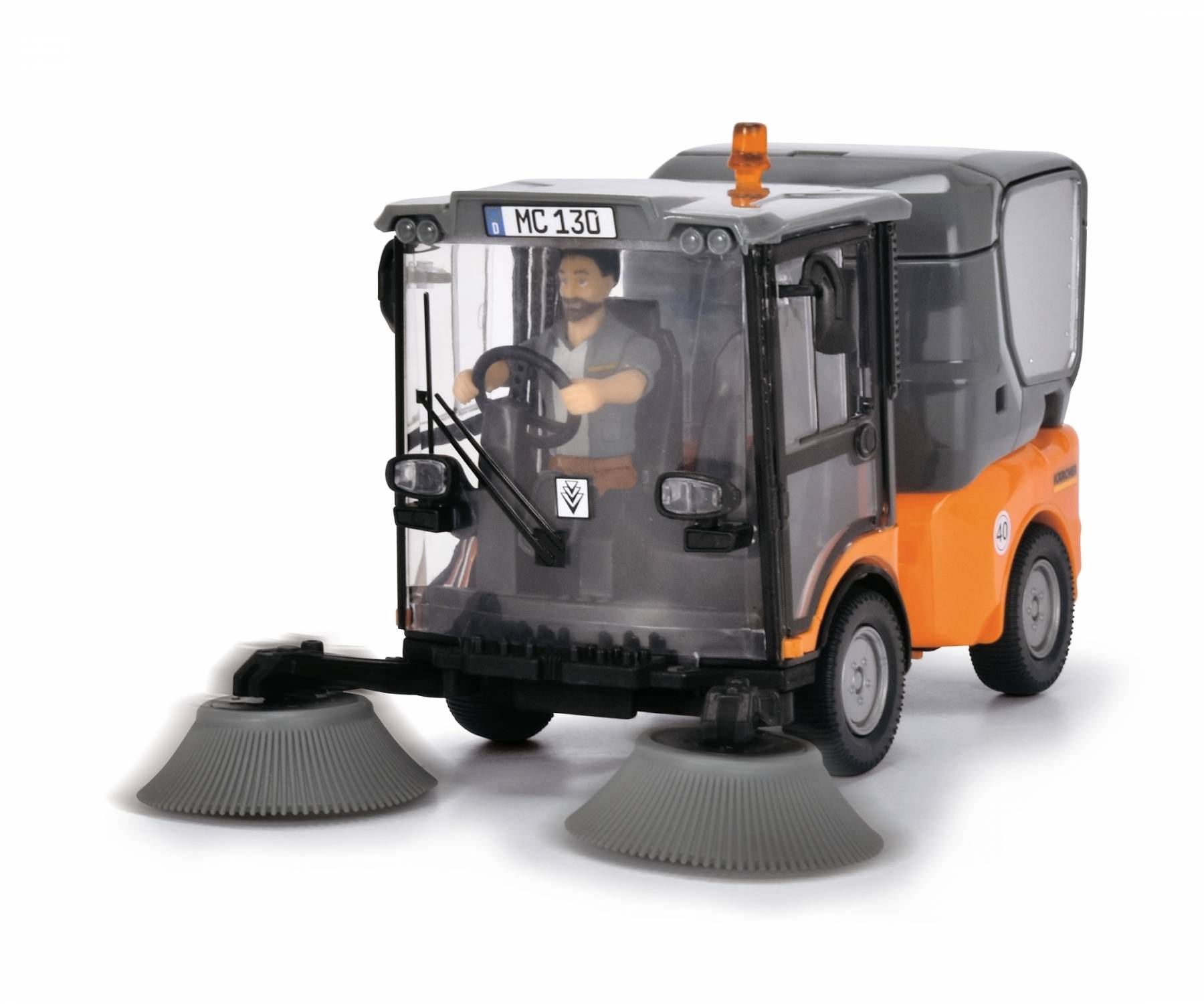 Spielzeug-Straßenkehrmaschine mit orange-schwarzem Design, zwei rotierenden Bürsten vorne und einem Fahrerfigur im Führerhaus.