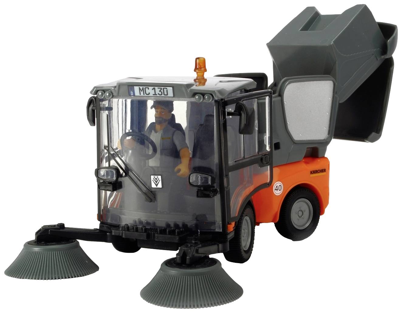 Spielzeug-Straßenkehrmaschine mit Fahrer in grauem und orangefarbenem Design. Die Bürsten sind vorne angebracht.