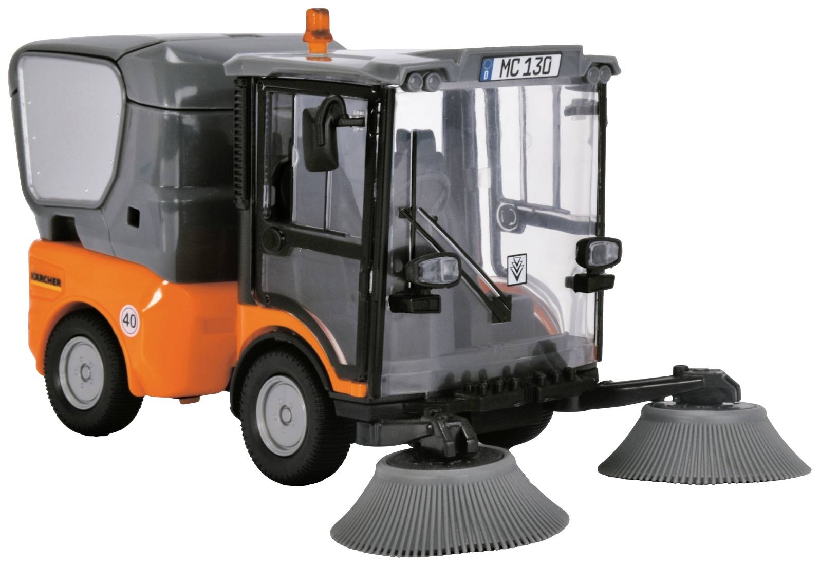 Ein orange-graues Kehrfahrzeug mit zwei großen rotierenden Bürsten vorne, geeignet für Straßenreinigung.