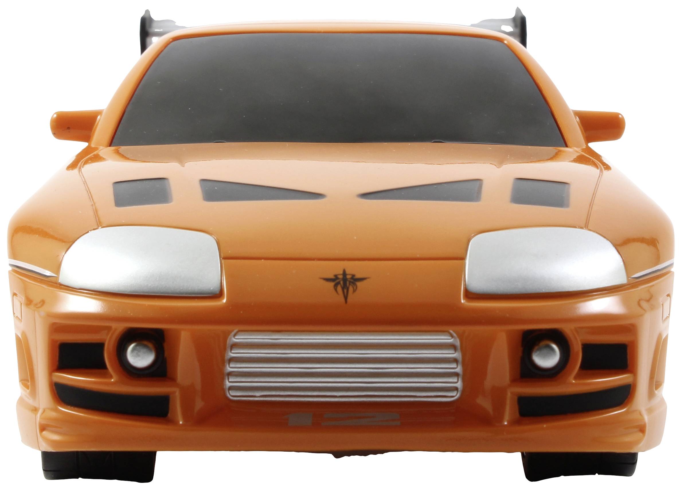 Ein orangefarbenes Sportwagen-Modell in Frontalansicht, mit schwarzen Designelementen auf der Motorhaube und silbernen Scheinwerfern.