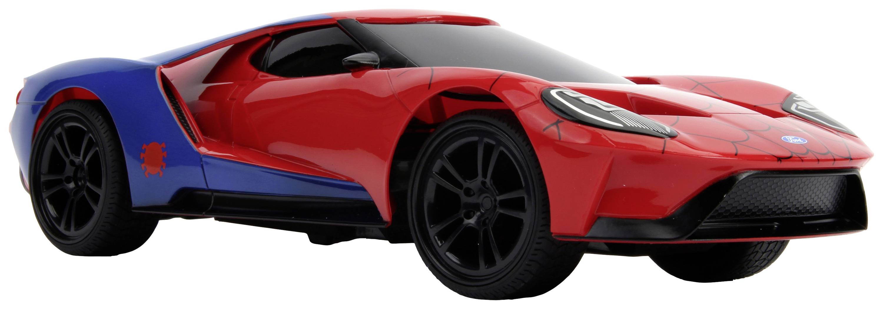 Ein rotes Auto mit blauen Akzenten und einem stilisierten Spinnenmuster auf der Karosserie, inspiriert von einer Superheldenfigur.