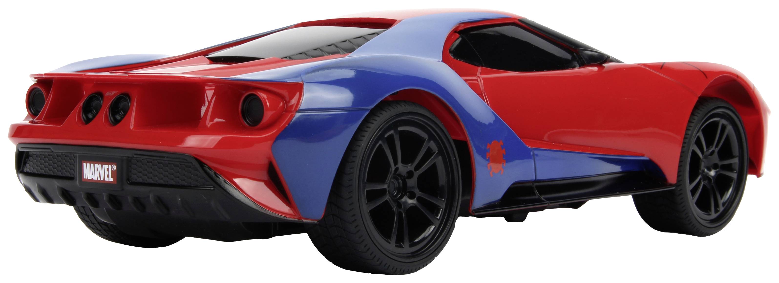 Ein blau-rotes Spielzeugauto mit Marvel-Logo auf dem Nummernschild zeigt dynamisches Design und sportliche Linienführung.