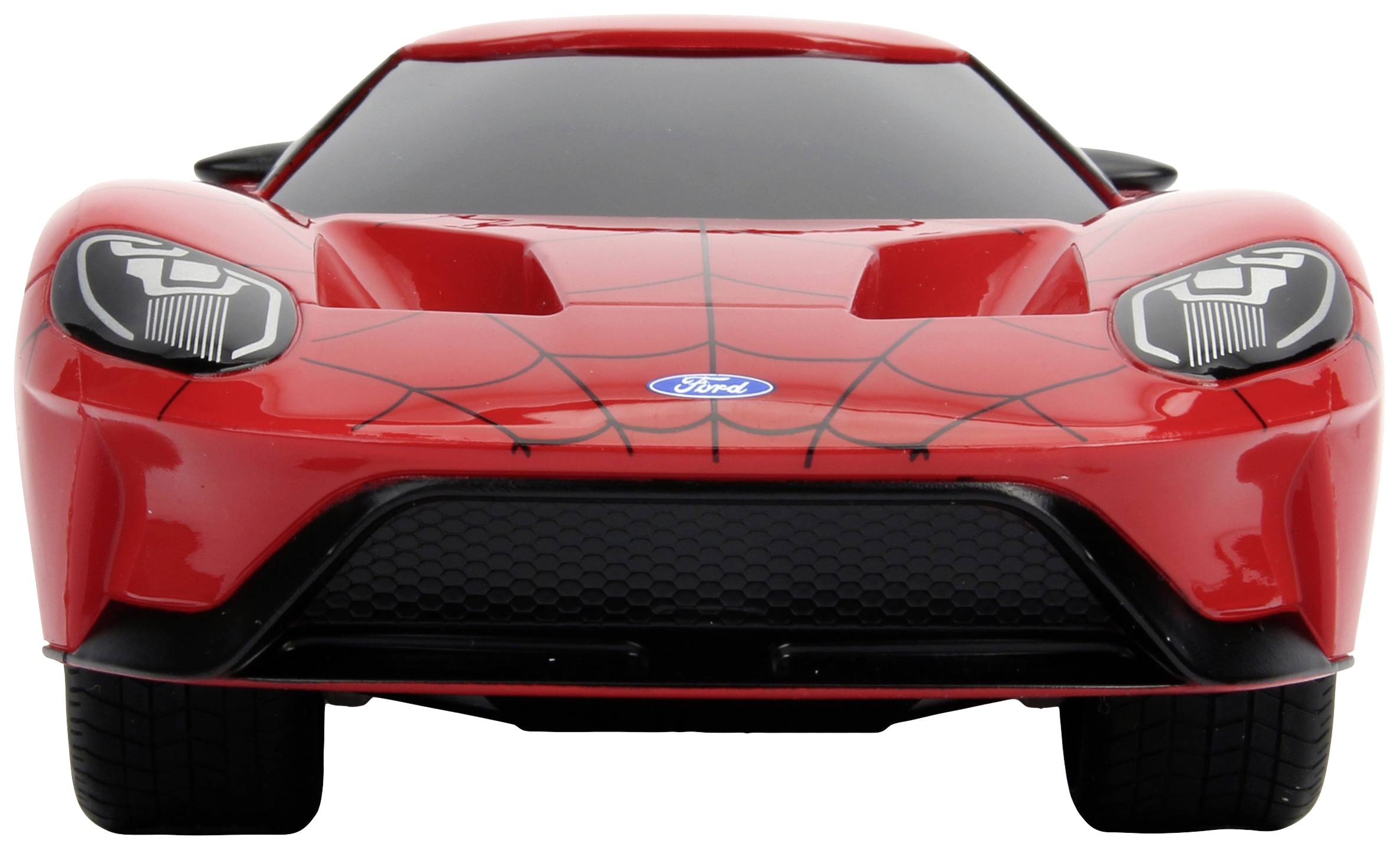 Ein rotes Spielzeugauto in Spinnenoptik, frontal abgebildet. Zwei auffällige Scheinwerfer und ein Ford-Logo sind sichtbar.