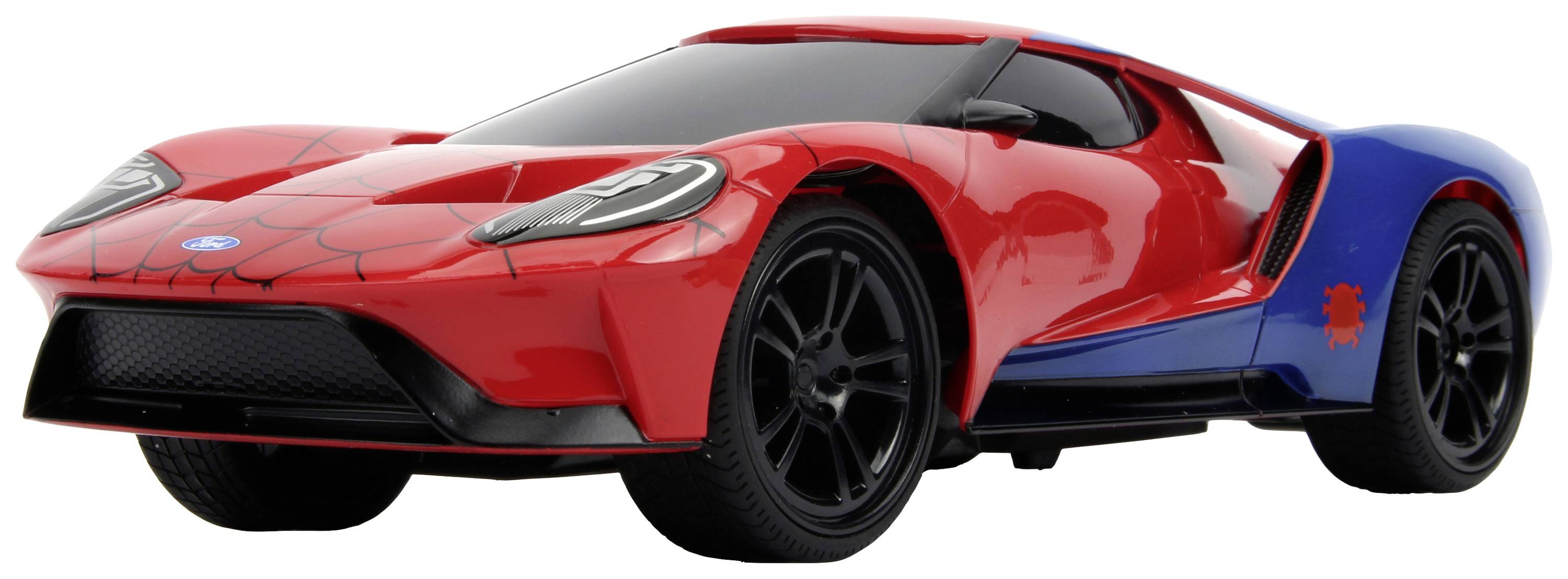 Ein rotes und blaues Sportauto mit einem Spinnenmotiv auf der Motorhaube, das an ein bekanntes Superhelden-Design erinnert.
