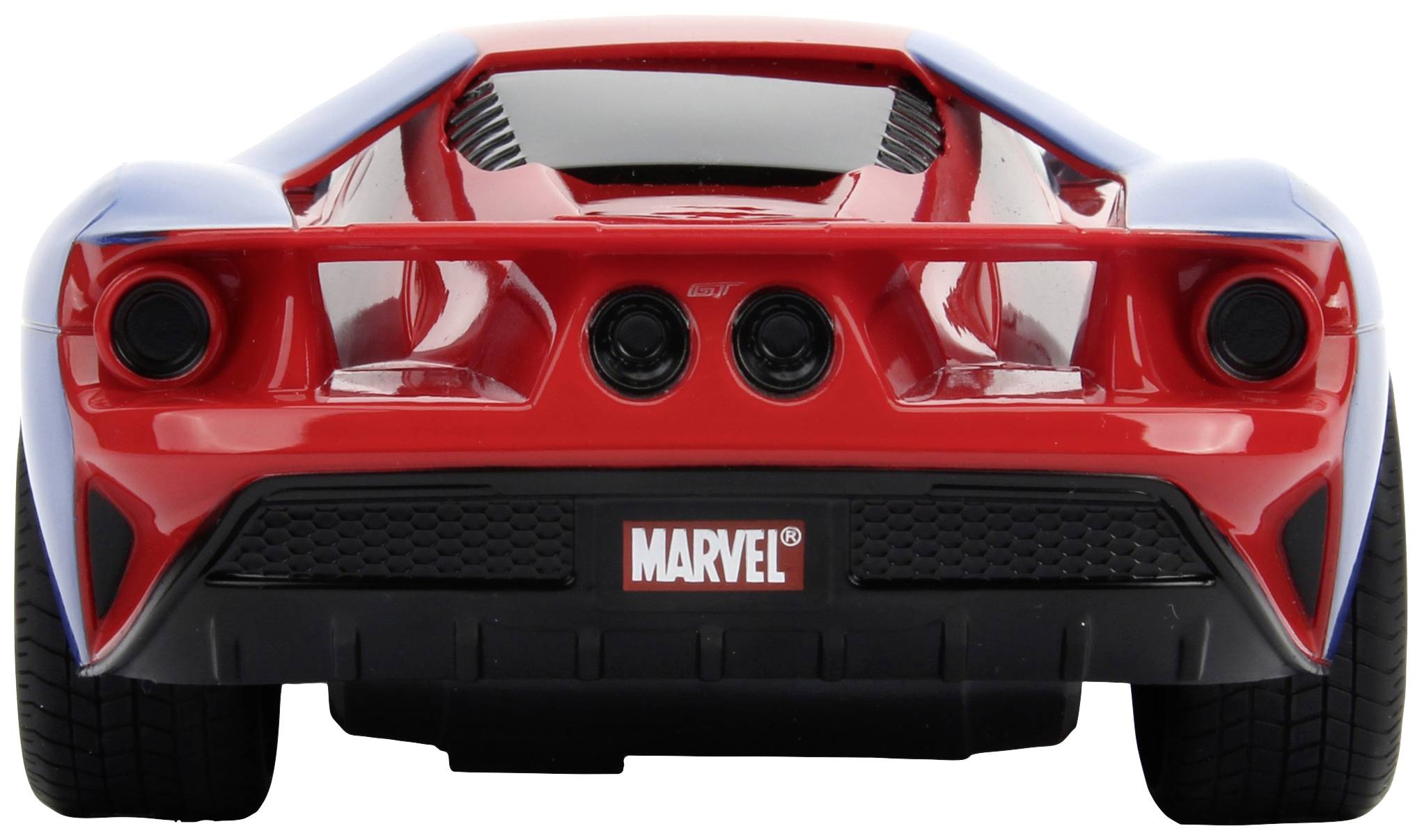 Rückansicht eines roten Sportwagens mit Marvel-Logo auf dem Nummernschild. Der Wagen hat zwei runde Auspuffrohre und ein futuristisches Design.