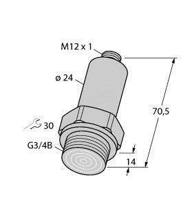 Technische Zeichnung eines Zylinders mit Gewinden. Maße: Durchmesser 24 mm, Länge 70,5 mm, Gewinde M12x1, G3/4B.